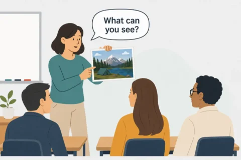 Teacher using a picture prompt to elicit ideas from adult English learners in class.