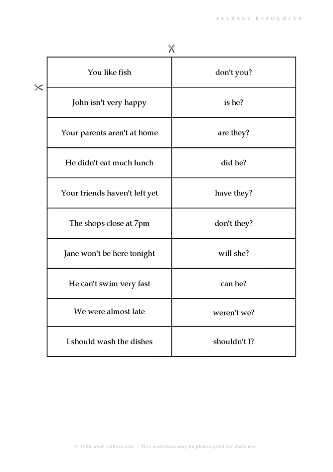 Tag questions matching ESL activity