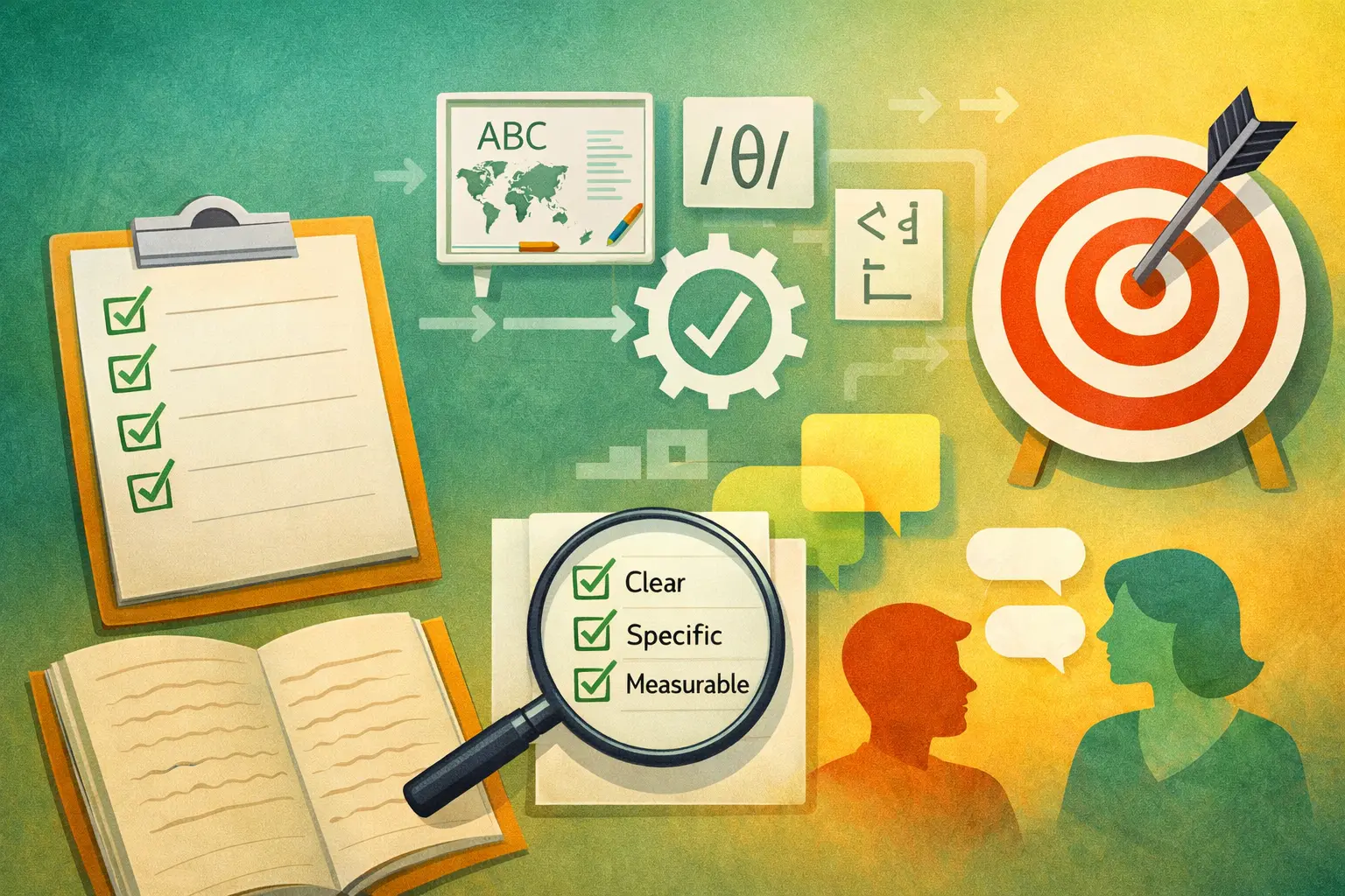 Abstract illustration of TEFL lesson planning showing checklist, target, and students communicating, representing clear and measurable lesson aims