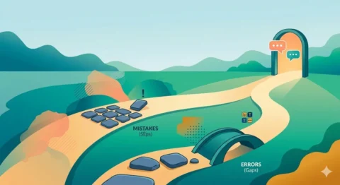 A winding path illustration representing Error correction in TEFL, showing a bridge over 'ERRORS (Gaps)' and misaligned stones for 'MISTAKES (Slips)' leading to a conversational archway.