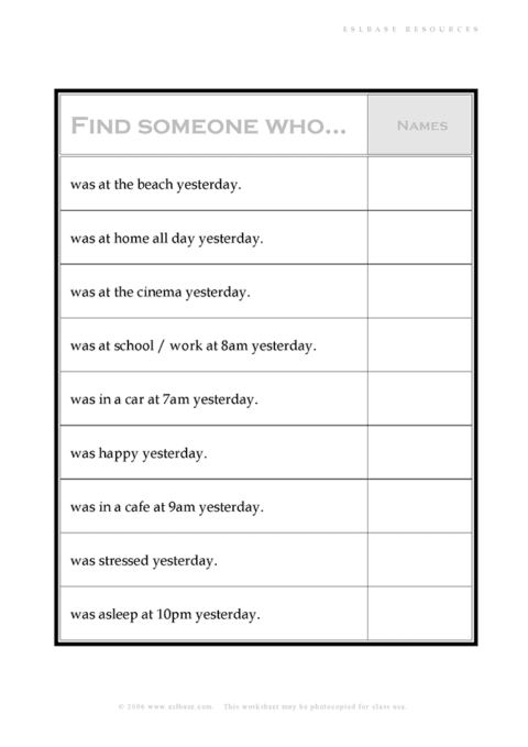 Was and were ESL activity