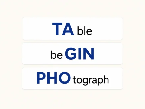 Minimal graphic showing three English words with their stressed syllables highlighted in blue: TAble, beGIN and PHOtograph.