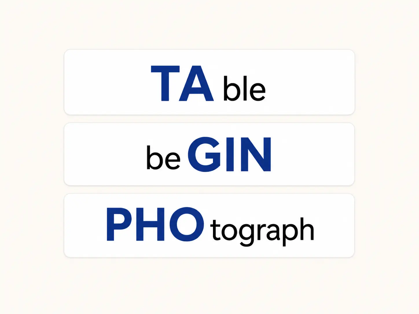 Minimal graphic showing three English words with their stressed syllables highlighted in blue: TAble, beGIN and PHOtograph.